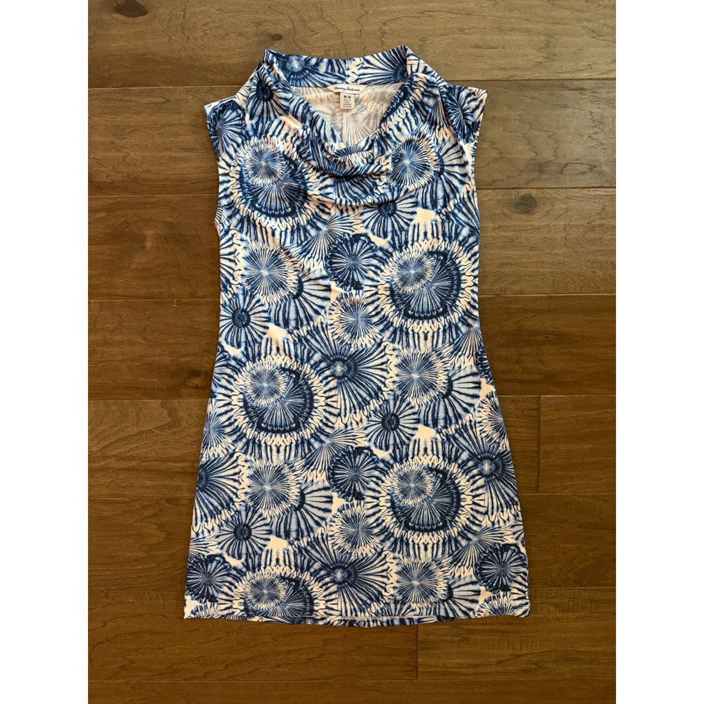 Tommy Bahama Blue White Sunburst Medallion Cowl Neck Shift Dress Womens Medium